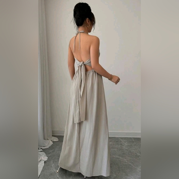 New Boho Tie Back Halter Maxi Dress Gray Taupe - Picture 4 of 8